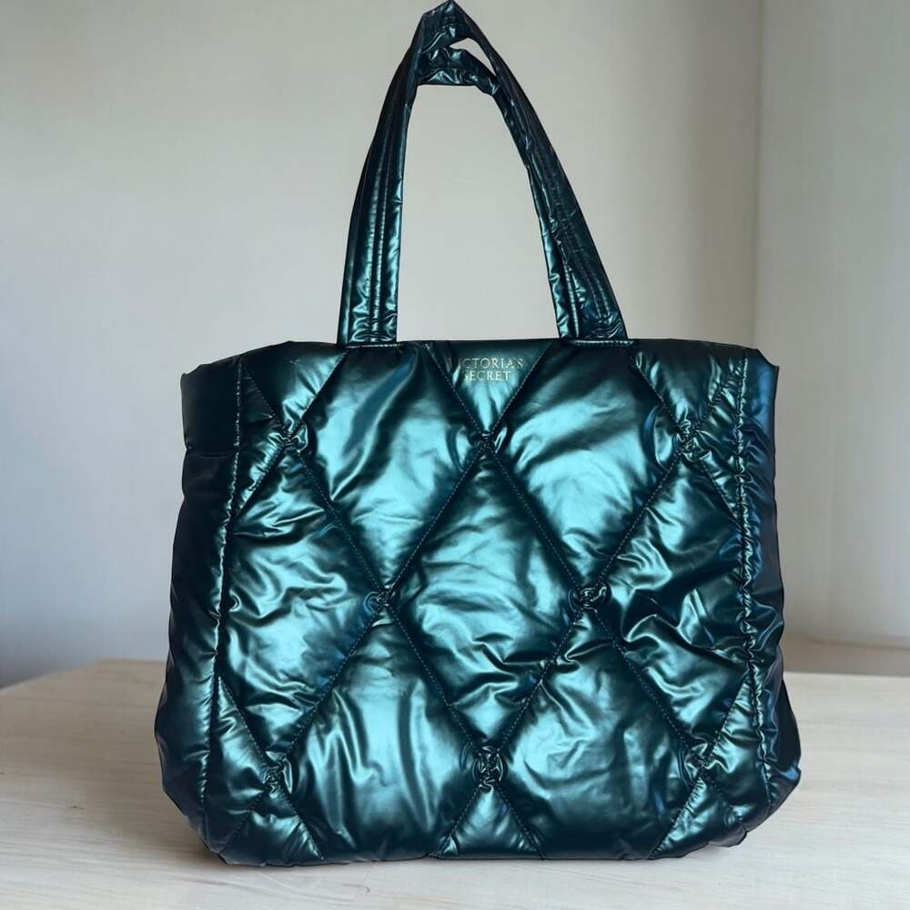 Victoria's Secret Emerald Teal Green Metallic Puffer Quilted Tote Bag